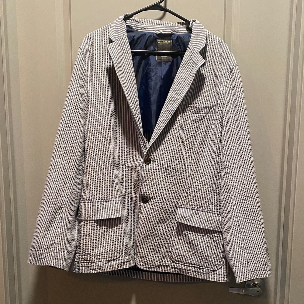 Seersucker Blazer Mens L Blue Taupe Summer Jacket John Bartlett Consensus